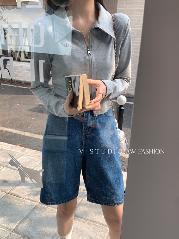 New in early autumn!【V.STUDIO】Polo collar zipper versatile short shirt 8852# ZJY