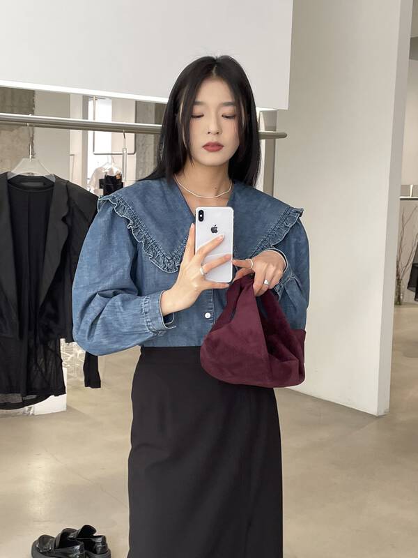 New in early autumn!【CLEAN SPACE】Korean lace large lapel loose denim shirt 33126# CQW