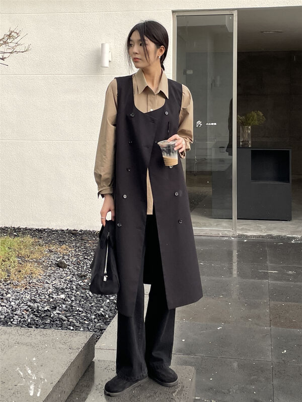 New in autumn! [CLEAN SPACE] Textured striped double-breasted long vest 32779# CQW