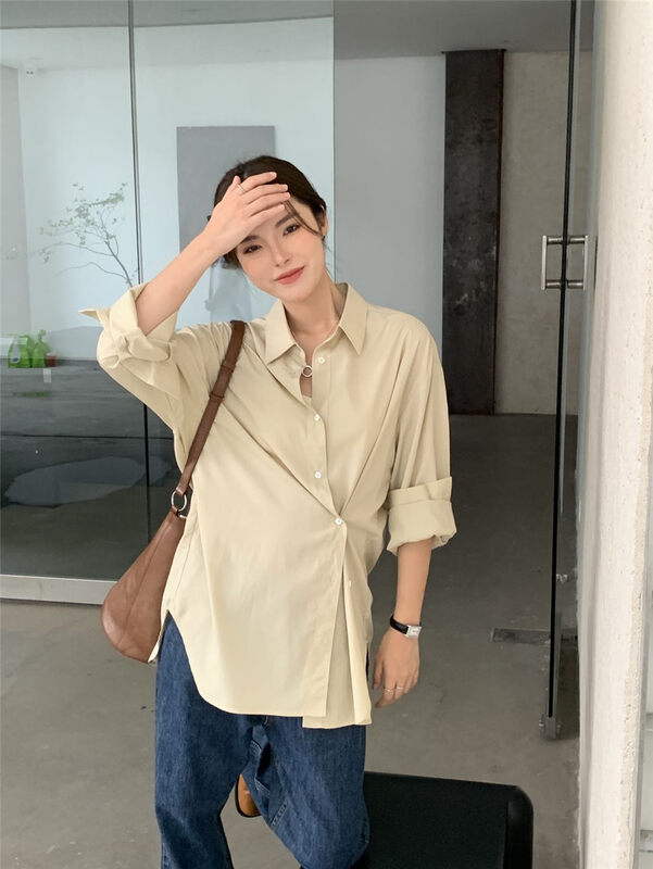 New in autumn!【CLEAN SPACE】Solid color loose side button design shirt 31676# CQW