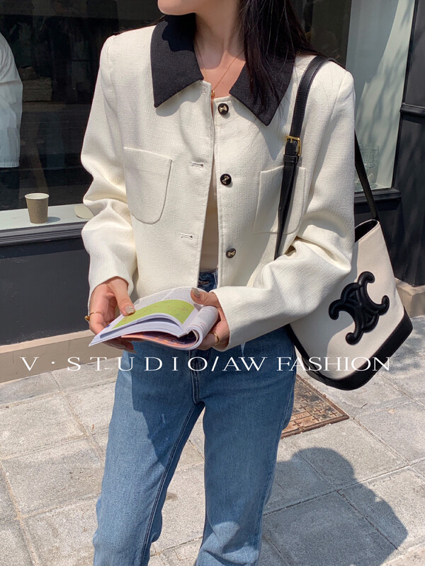 【V.STUDIO】Xiaoxiang Contrast Collar Temperament Short Jacket 7982# ZJY