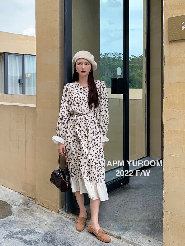 New in early autumn! [APM YUROOM] New temperament French flower dress (with waist rope) 22601A# LSL