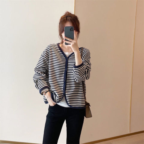  Thin Lazy Retro Versatile Contrast Color Striped Cardigan Autumn Large V-neck Thin Loose Jacket