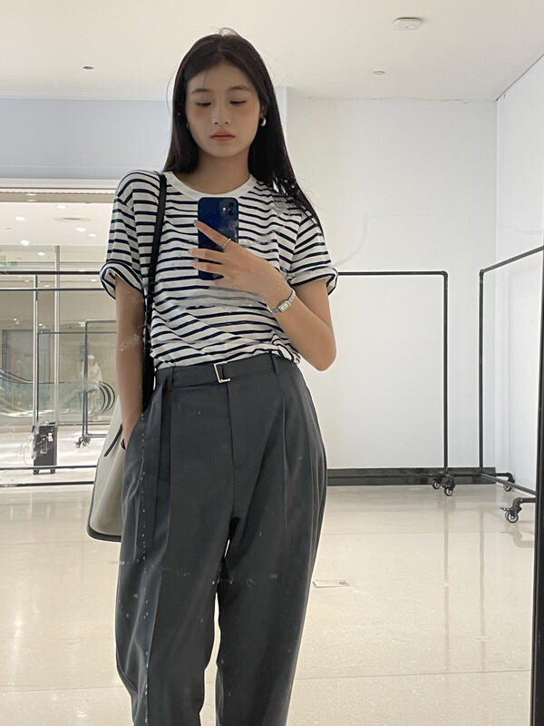 【CLEAN SPACE】Personalized Striped Casual Round Neck Short Sleeve T-Shirt 32700# CQW
