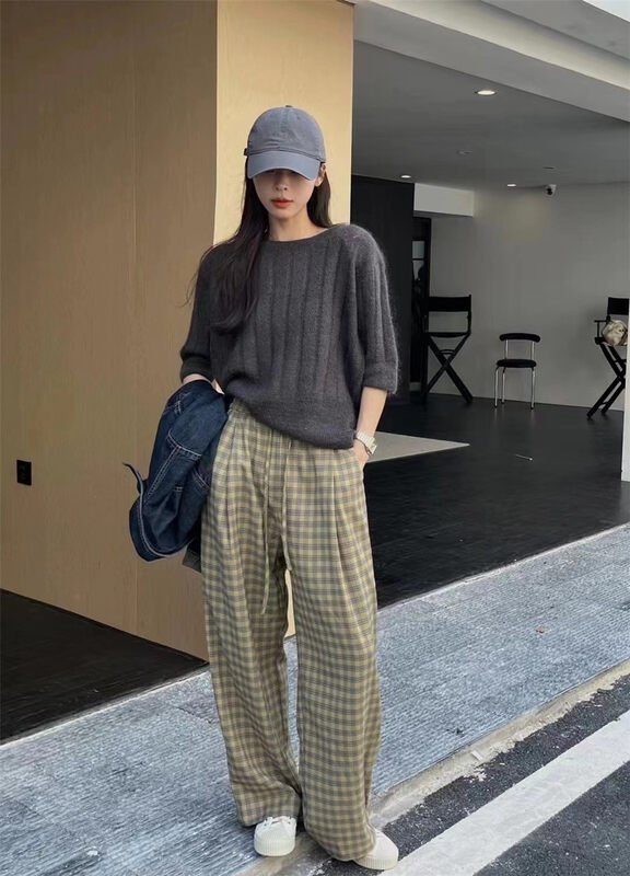New in early autumn!【CLEAN SPACE】Korean plaid loose texture casual pants 32159# CQW