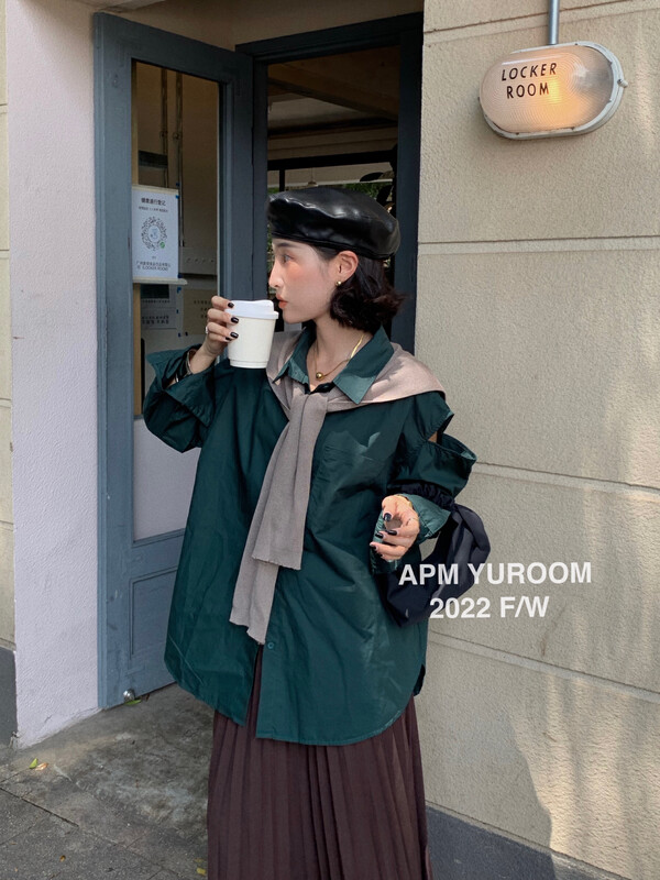 Autumn is new! [APM YUROOM] Korean version off-the-shoulder solid color shirt (with shawl) 9077# LSL