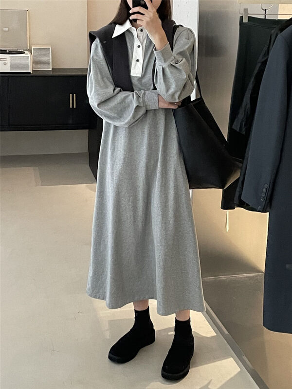 Autumn is new!【CLEAN SPACE】Korean casual color matching Polo collar loose dress 33233# CQW