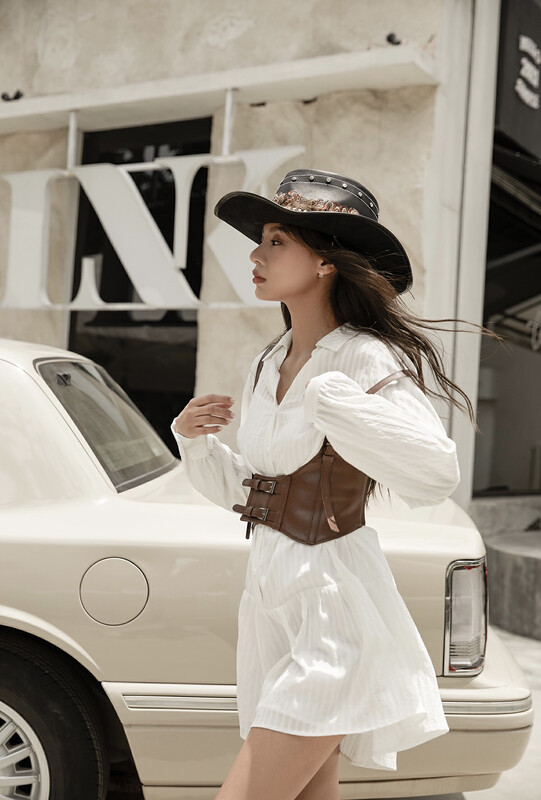 Autumn New!【HELLO MISS】Casual Solid Color Shirt Dress (with Girdle) 22811# PCZ