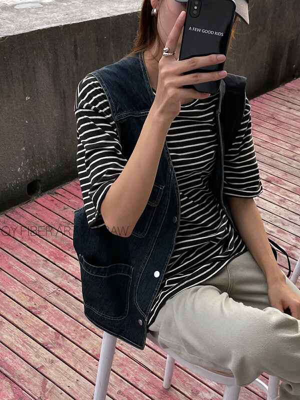 New in autumn! [QY FIBER ART] Korean striped round neck short-sleeved T-shirt 85085# GY