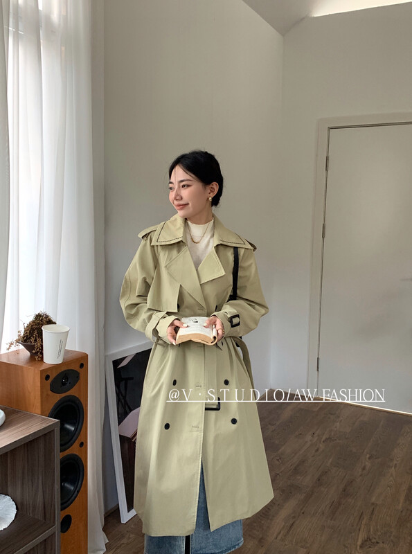 New in autumn!【V.STUDIO】Korean version of long-sleeved buttoned trench coat (with belt) 7997# ZJY