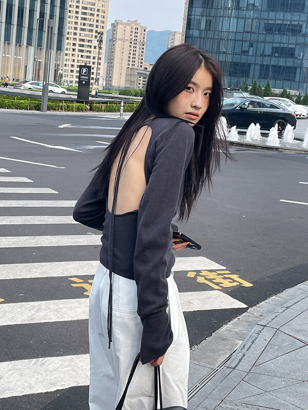 New in autumn!【CLEAN SPACE】Designed backless niche fashion knitted sweater 32062# CQW