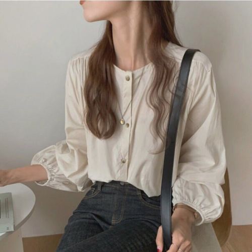 Spring blouse  new retro Hong Kong flavor all-match long-sleeved Western-style anti-wrinkle French shirt women's design sense