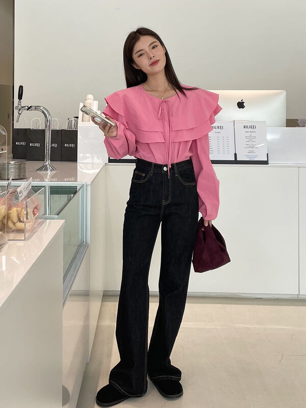 Refers to Tencel fabric, double-layer large lotus leaf collar design【CLEAN SPACE】Korean style solid color lotus leaf short shirt 33210# CQW