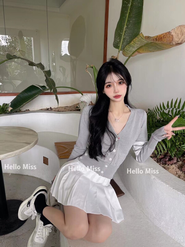 New in autumn!【HELLO MISS】Casual striped all-match cardigan + high waist pleated skirt suit 918# PCZ