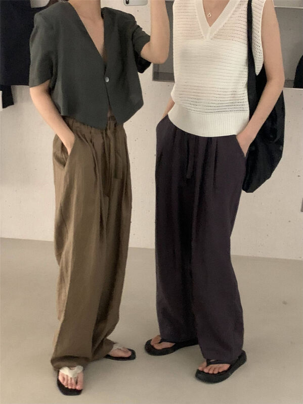 Ramie Material Selected 5 Colors【CLEAN SPACE】Personalized Loose Elastic Waist Straight Casual Pants YS1-32681# CQW