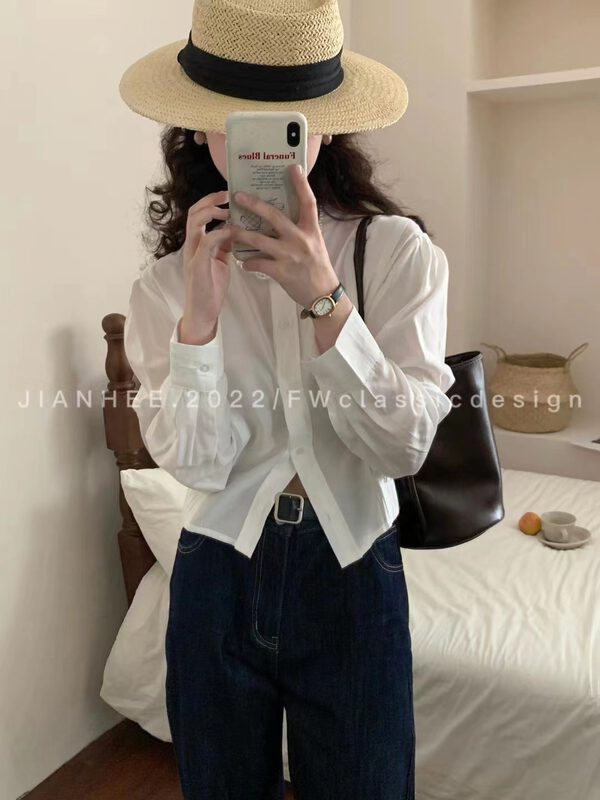 New in early autumn! [JIAN HEE] round neck buttoned solid color shirt 2345# OZQ