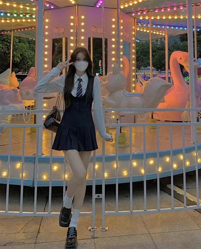 Autumn is new!【HELLO MISS】Fashion simple all-match shirt + college style vest dress suit (with tie) 81138# PCZ