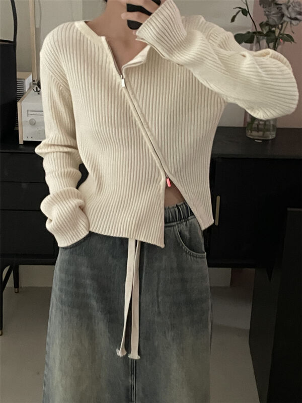 New in autumn! [CLEAN SPACE] solid color zipper design slim short knitted cardigan 32770# CQW