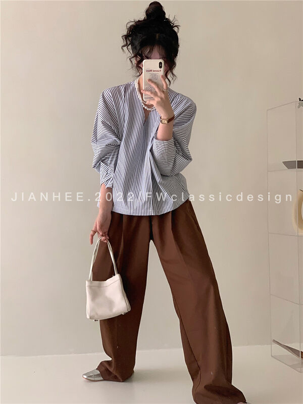 New in early autumn!【JIAN HEE】Loose V-neck striped shirt 2343# OZQ