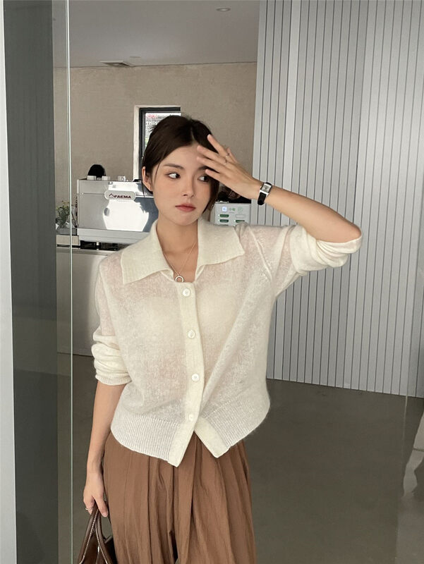 【CLEAN SPACE】Korean solid color wild mohair knitted cardigan 27988
