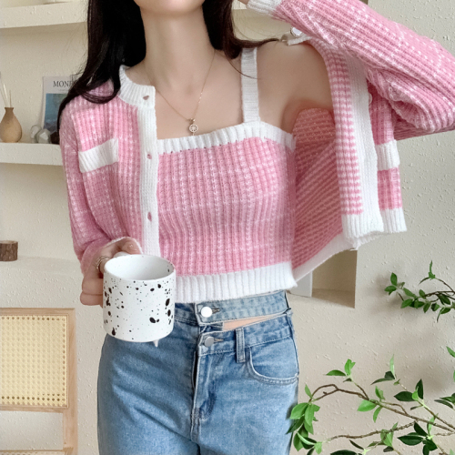  autumn and winter new Korean designer brand ETMON tweed knitted cardigan two-piece set with the same style