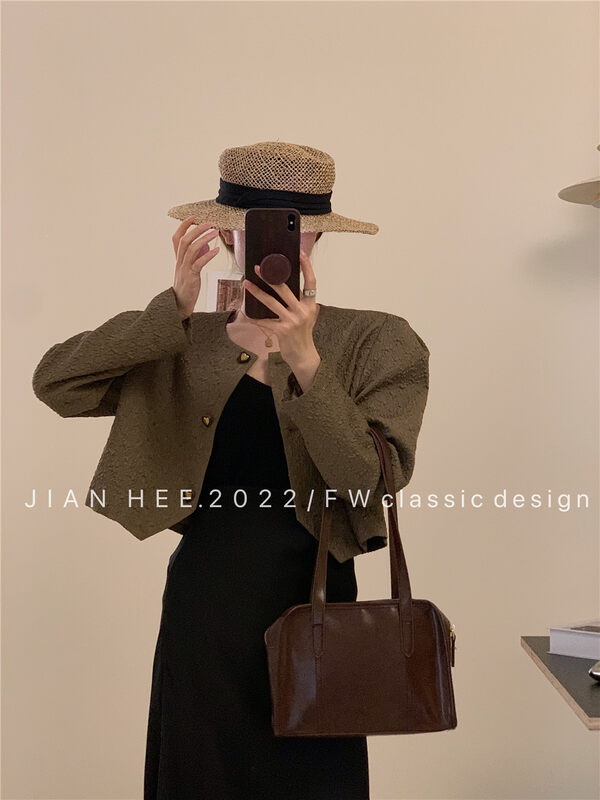 New in early autumn!【JIAN HEE】Fashionable round neck buttoned textured short coat 2342# OZQ