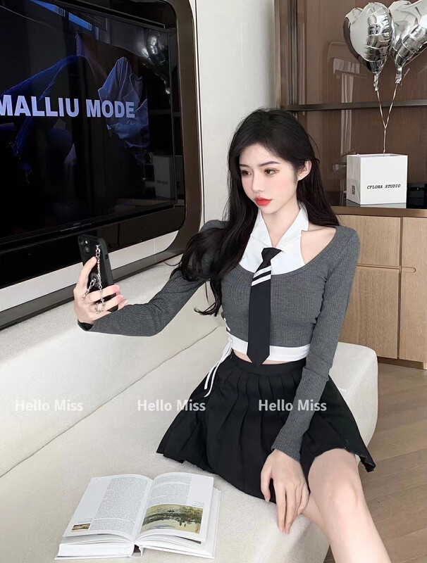 New in autumn! [HELLO MISS] Off-the-shoulder American college style fake two-piece shirt + pleated skirt suit (with tie) 6379# PCZ