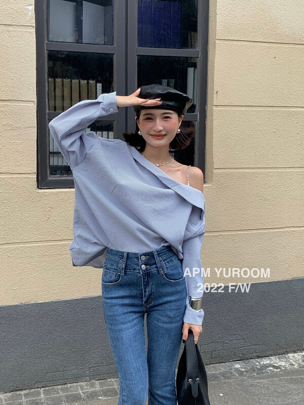 New in early autumn! [APM YUROOM] New Korean striped off-shoulder chain shirt 9053# LSL