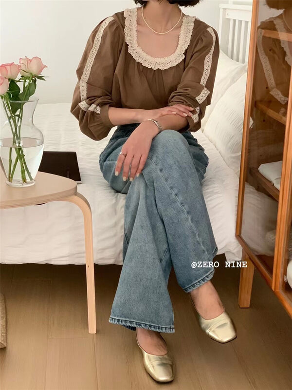 New in autumn! [ZERO-NINE 09] Square collar lace loose shirt 9386# ZJY