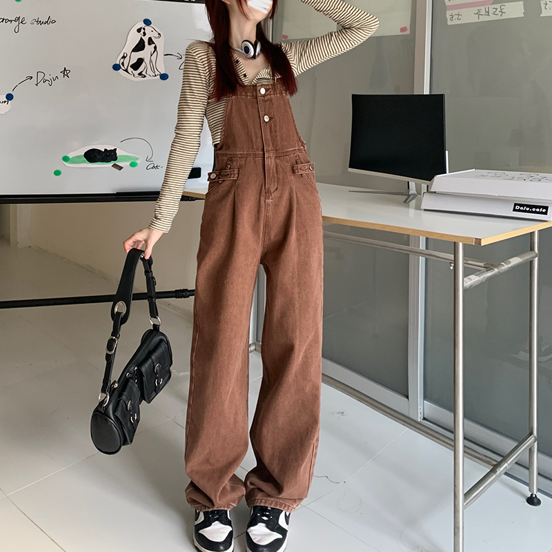 Real shot 2022 spring and autumn new loose age-reducing denim overalls fashion straight-leg mopping pants