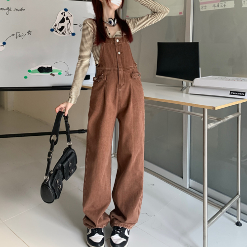 Real shot 2022 spring and autumn new loose age-reducing denim overalls fashion straight-leg mopping pants