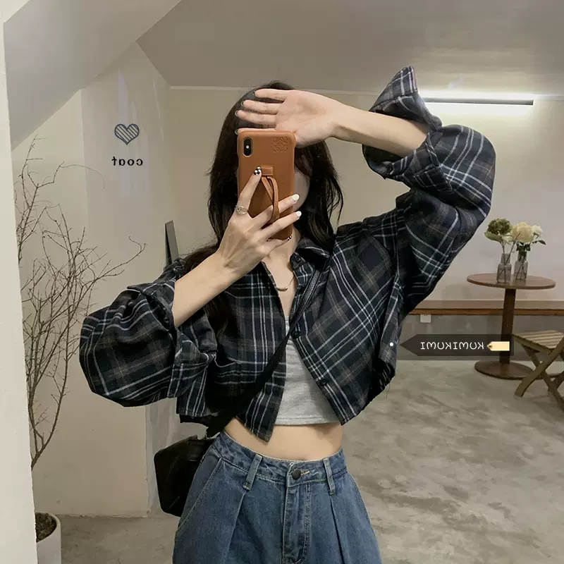 American retro plaid sunscreen long-sleeved shirt jacket women's spring and autumn design niche chic Hong Kong flavor short top
