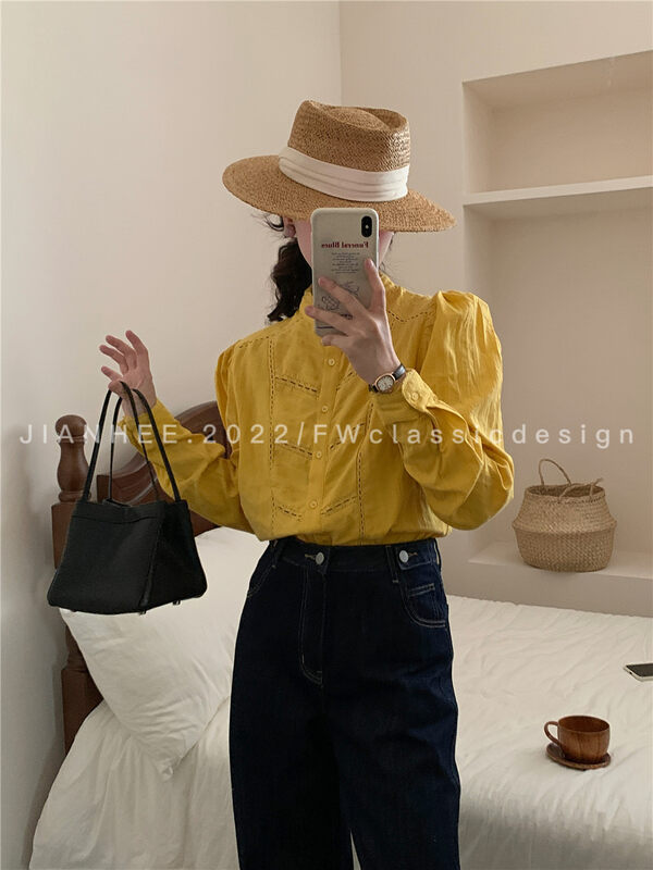 New in autumn! [JIAN HEE] round neck buttoned solid color puff sleeve shirt 2381# OZQ