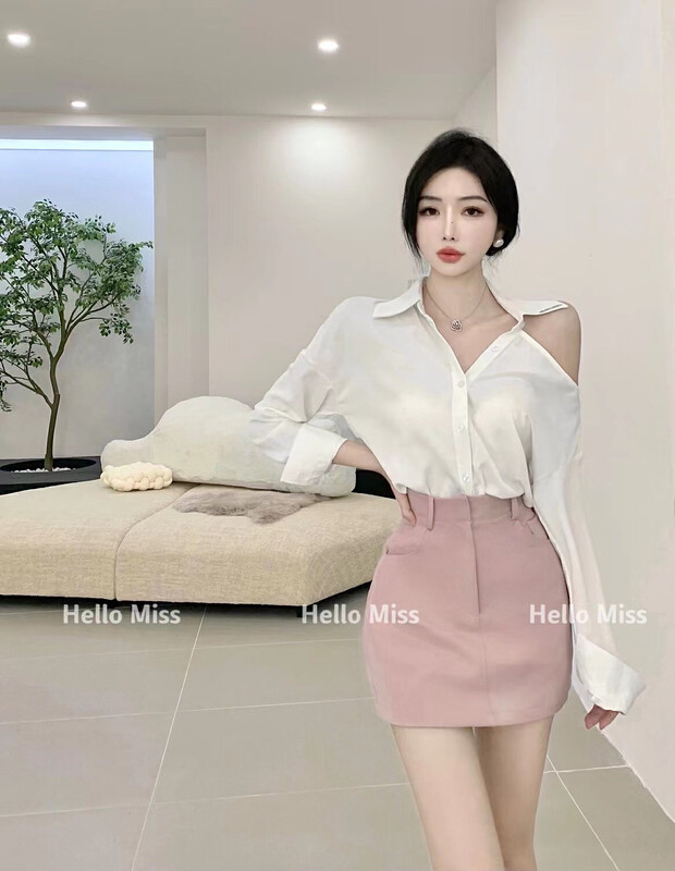 New in early autumn! [HELLO MISS] Off-the-shoulder design retro shirt + high waist skirt suit 82103# PCZ
