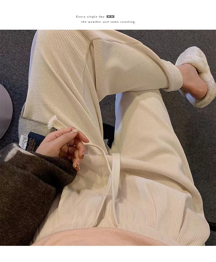 European cotton velvet wide-leg pants women's autumn and winter high-waisted loose straight tube drape casual thickened beige pants