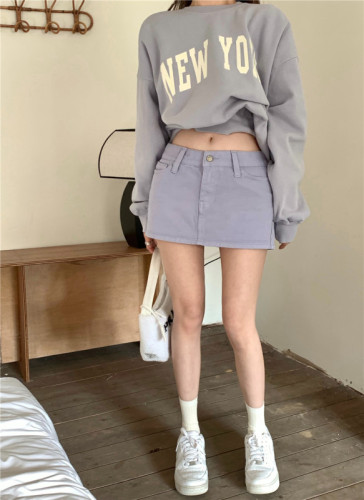 Real Shot Letter Loose Sweater Thin Section + Low Waist Versatile Denim Skirt