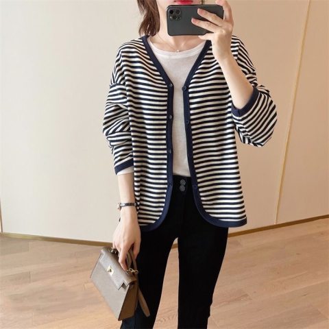  Thin Lazy Retro Versatile Contrast Color Striped Cardigan Autumn Large V-neck Thin Loose Jacket