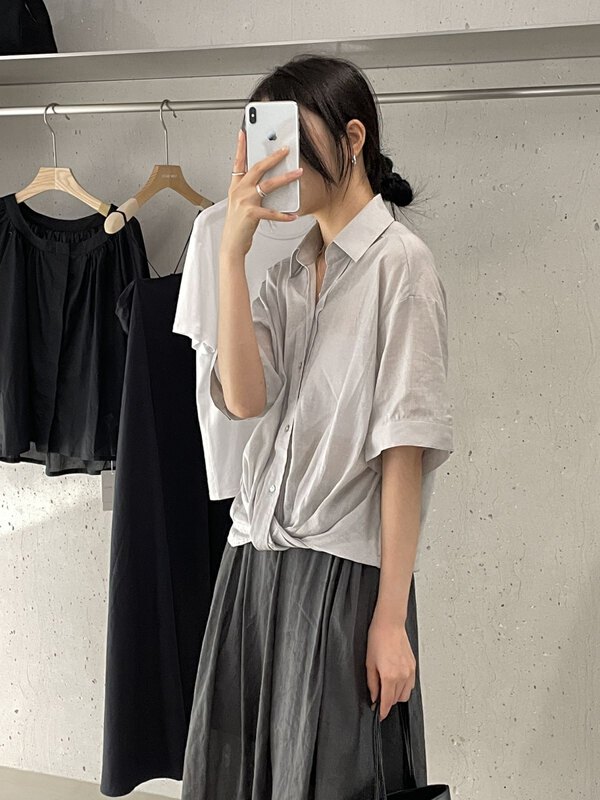 Original price 98.99! Linen and cotton fabric, 6 colors [CLEAN SPACE] Korean style all-match hem knot design shirt 33128# CQW
