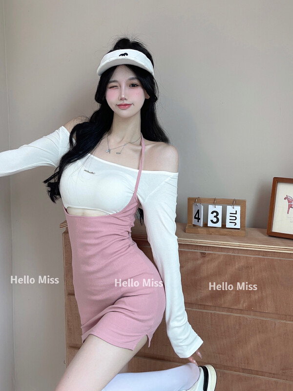 New in autumn!【HELLO MISS】Pure fake two-piece slim one-line neck dress 82123# PCZ