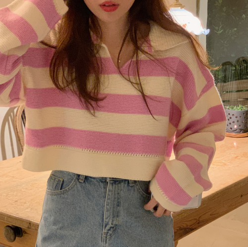 Korea ins early autumn pink and tender short long sleeve sweater