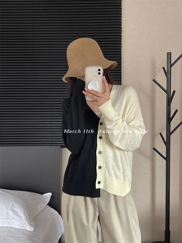 New in early autumn! [MARCH 11TH] Colorblock design V-neck buttoned knitted cardigan 2220# HYY