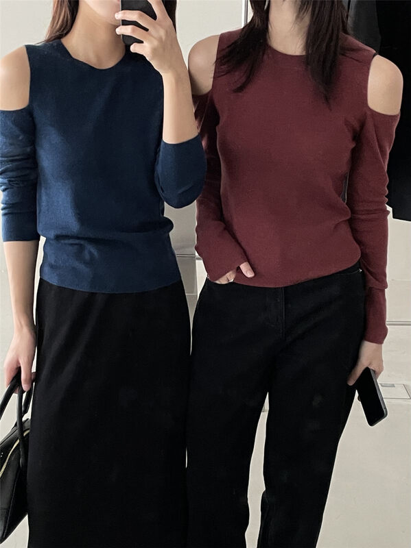 【CLEAN SPACE】Korean solid color off-shoulder knitted sweater 27966
