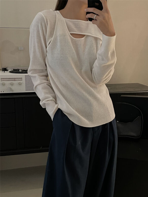 【CLEAN SPACE】Simple solid color hollow design knitted sweater 100% Australian wool 32965