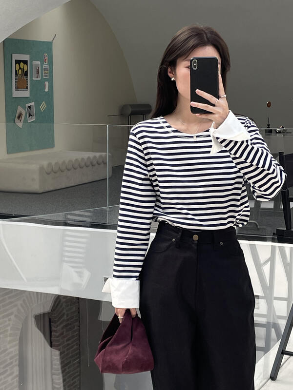 New in early autumn,【CLEAN SPACE】contrast stripe casual loose long-sleeved T-shirt 32926# CQW