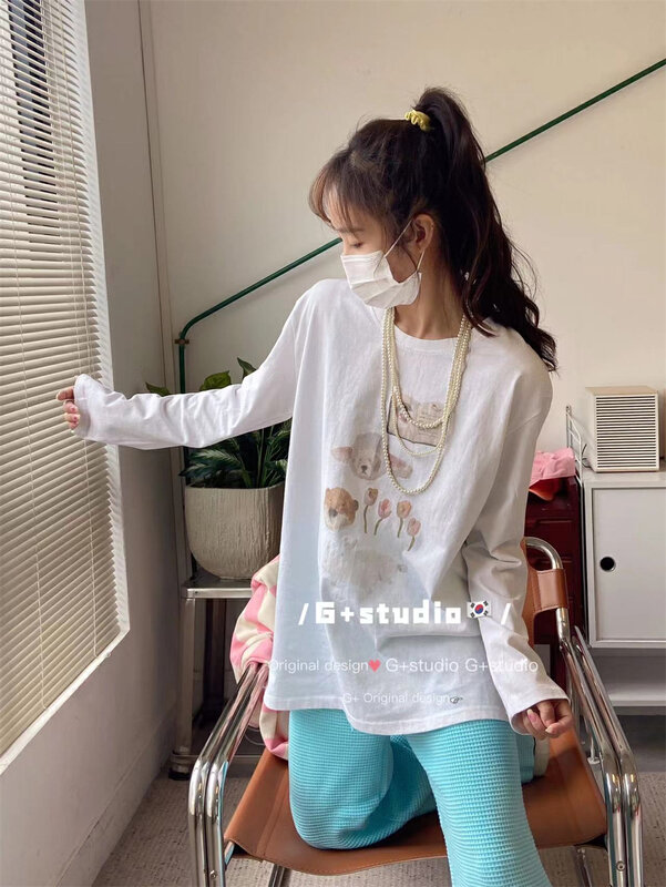 New in autumn! [G+] Simple color contrast printing comfortable and versatile long-sleeved T-shirt 33318# WTT