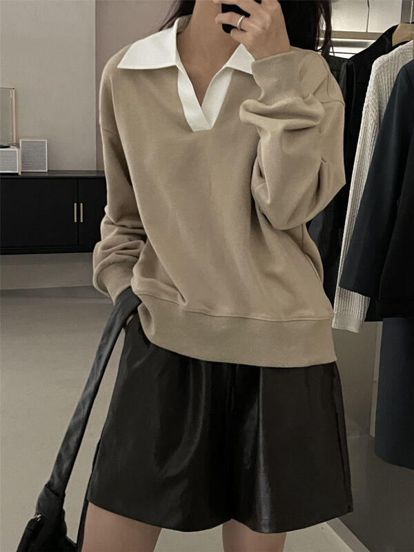 【CLEAN SPACE】Korean color matching lapel loose casual sweater 33192