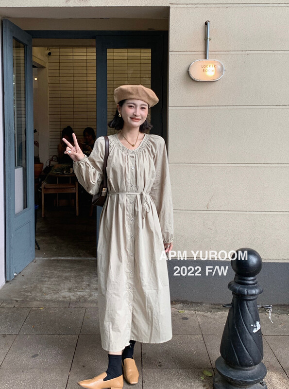 Autumn is new!【APM YUROOM】Korean casual cotton and linen dress (with waist rope) 9088# LSL