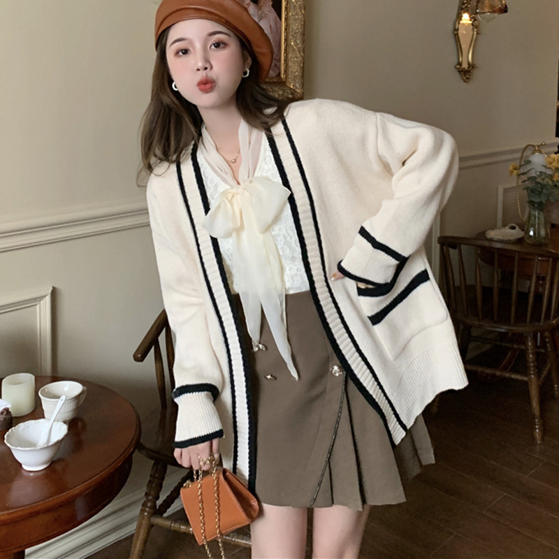 New Korean version loose mid-length pocket college style fashion sweater cardigan coat women's knitted sweater