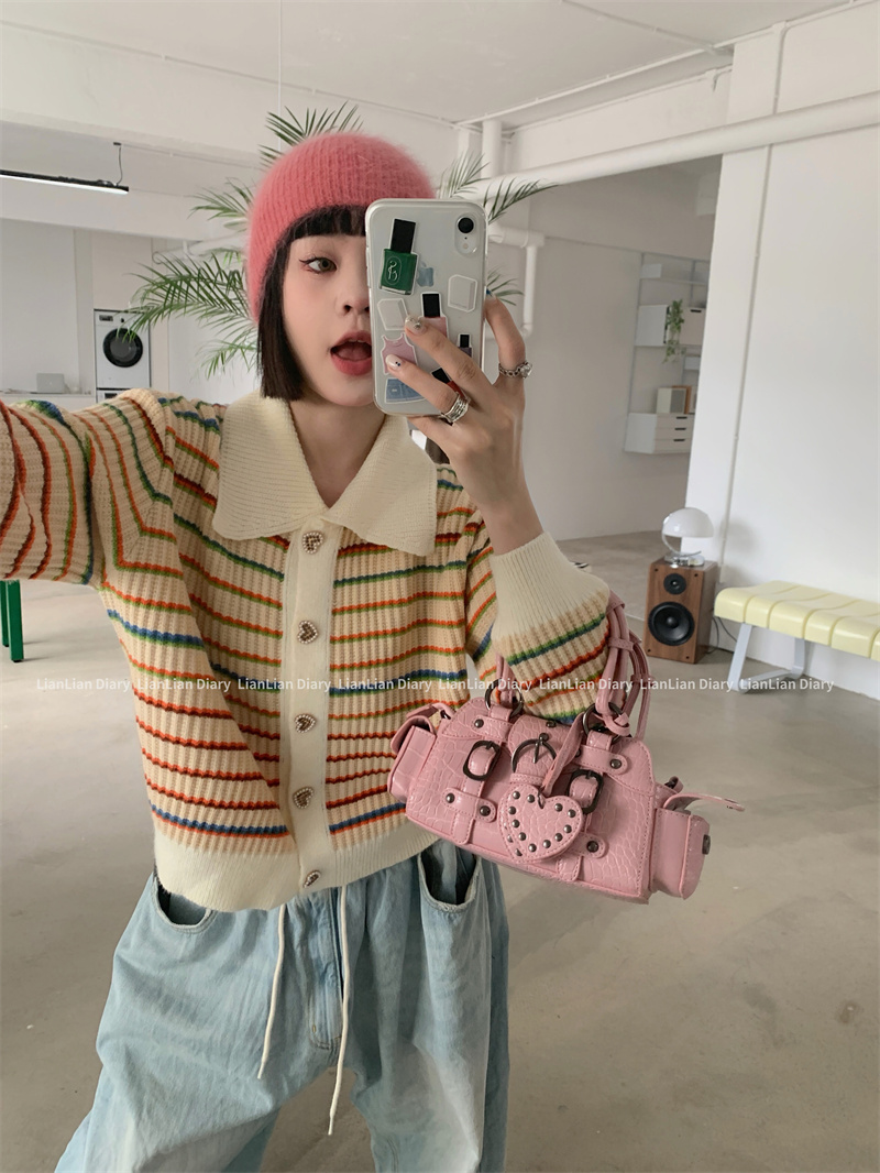 Real shooting real price autumn new Korean version of the lapel striped thin long-sleeved sweater women