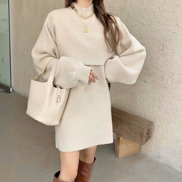 Autumn and winter new niche lantern sleeves pullover half turtleneck shawl knitted two-piece dress temperament sweater women